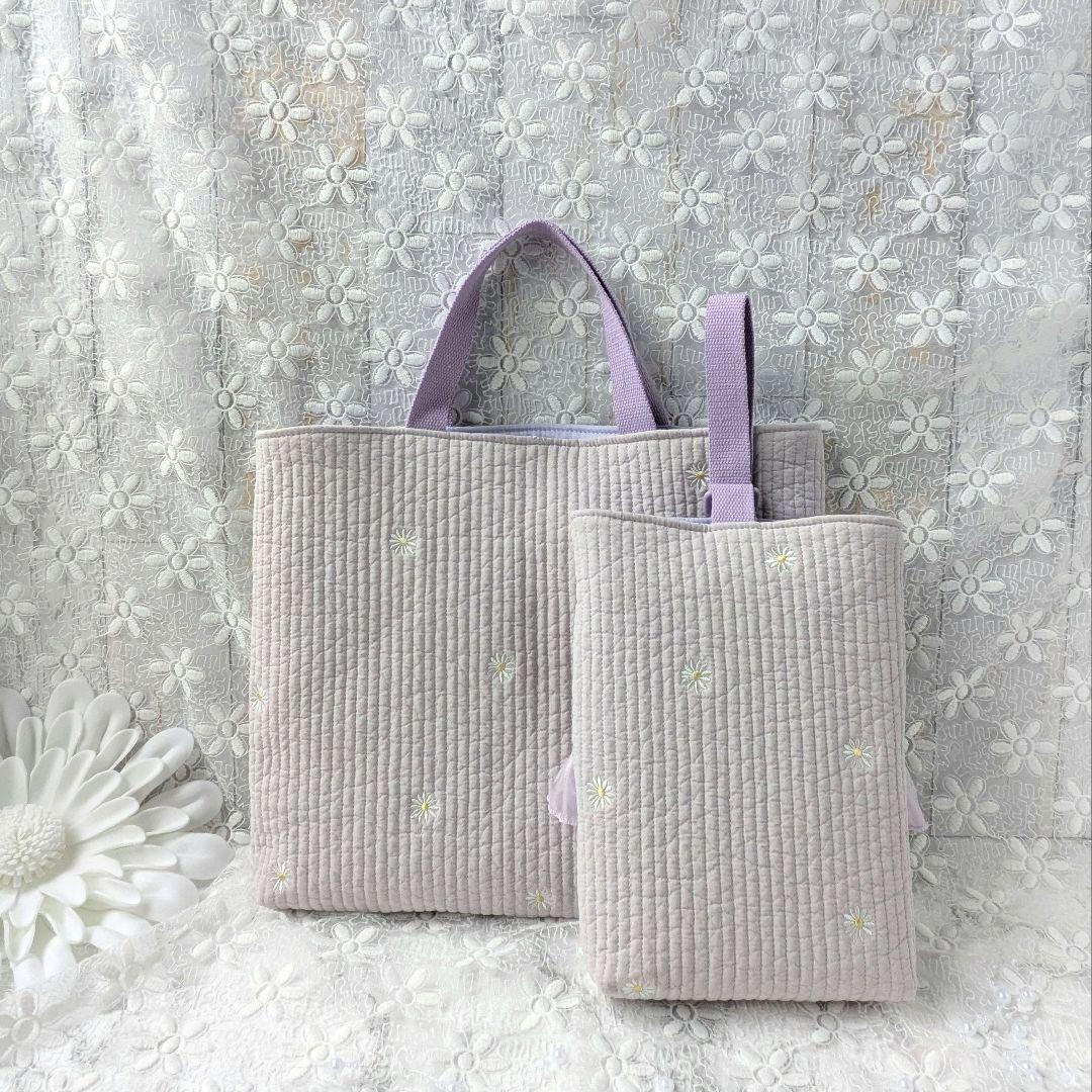 入園入学2点セット　手提げ　上履き袋　マーガレット　ヌビ　白うさぎ　刺繍リボン