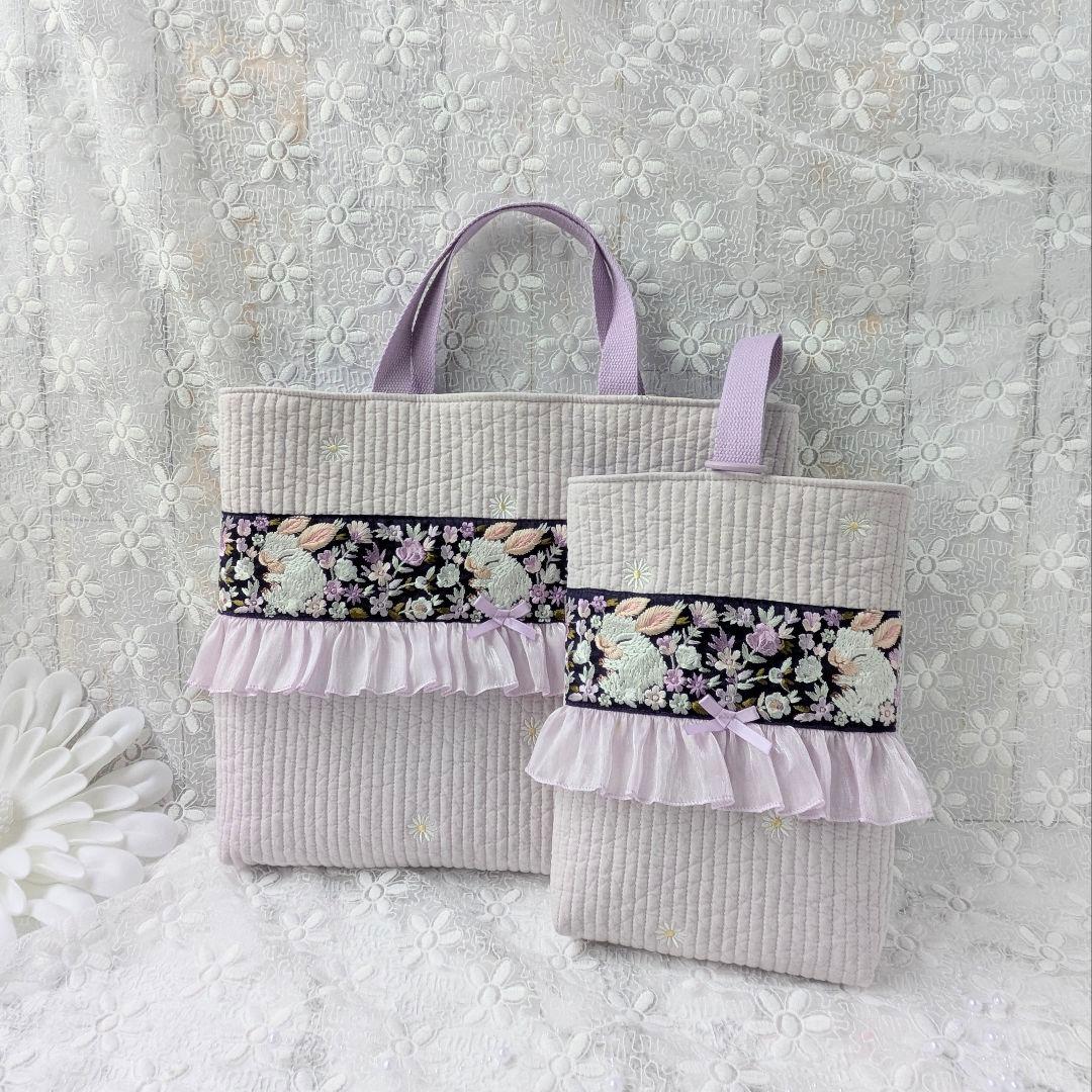 入園入学2点セット　手提げ　上履き袋　マーガレット　ヌビ　白うさぎ　刺繍リボン