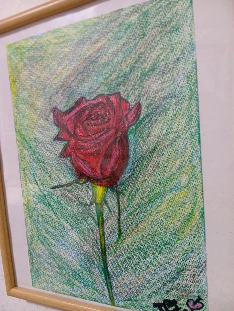バラの色鉛筆画 クーピーペンシル画木製フレーム付き