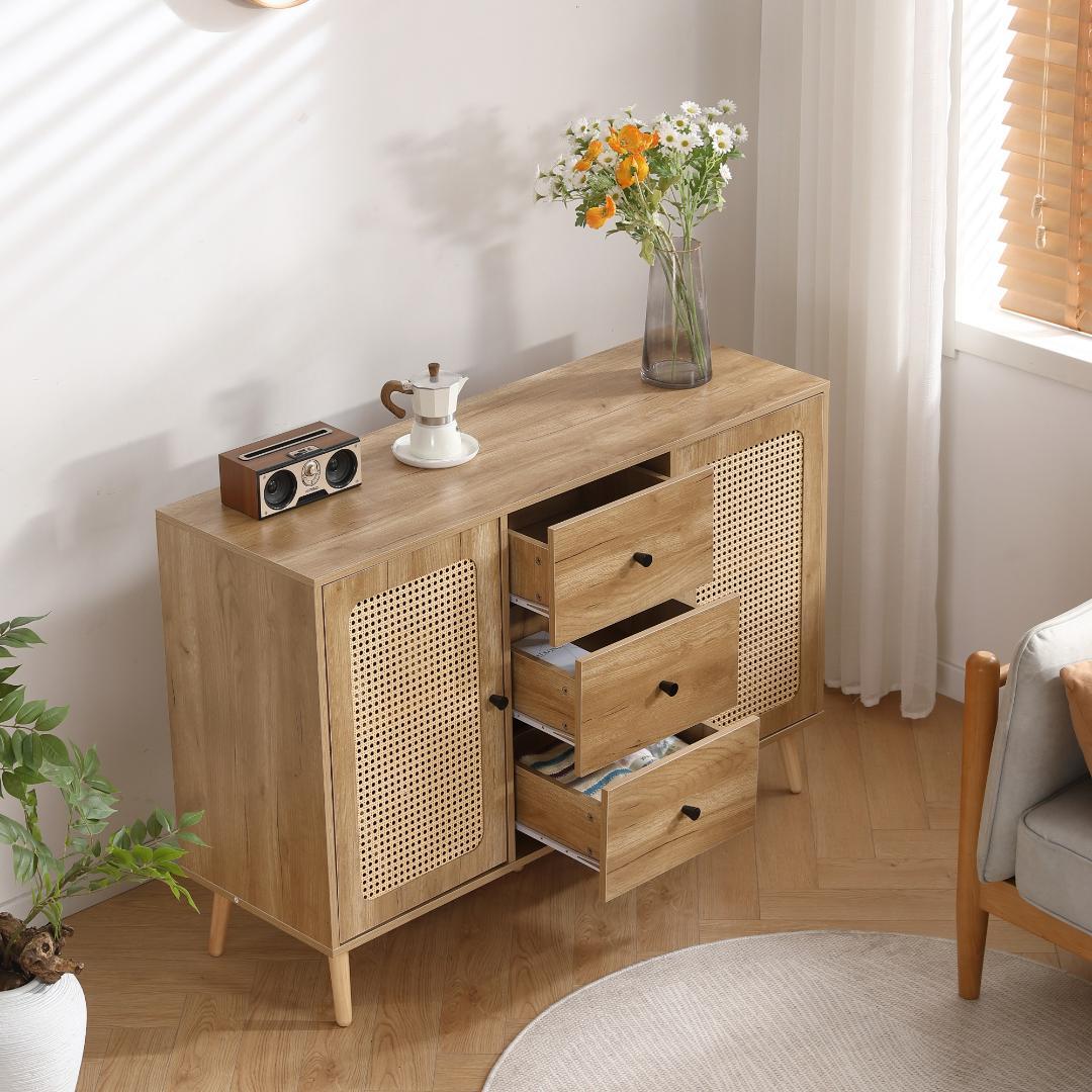 リビングボード タンス 収納 箪笥 おしゃれ キャビネット　ラタン風 引き出し付
