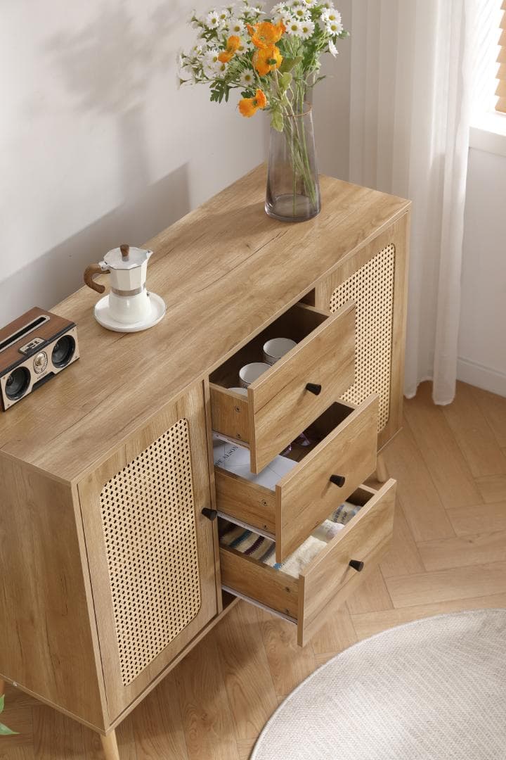 リビングボード タンス 収納 箪笥 おしゃれ キャビネット　ラタン風 引き出し付