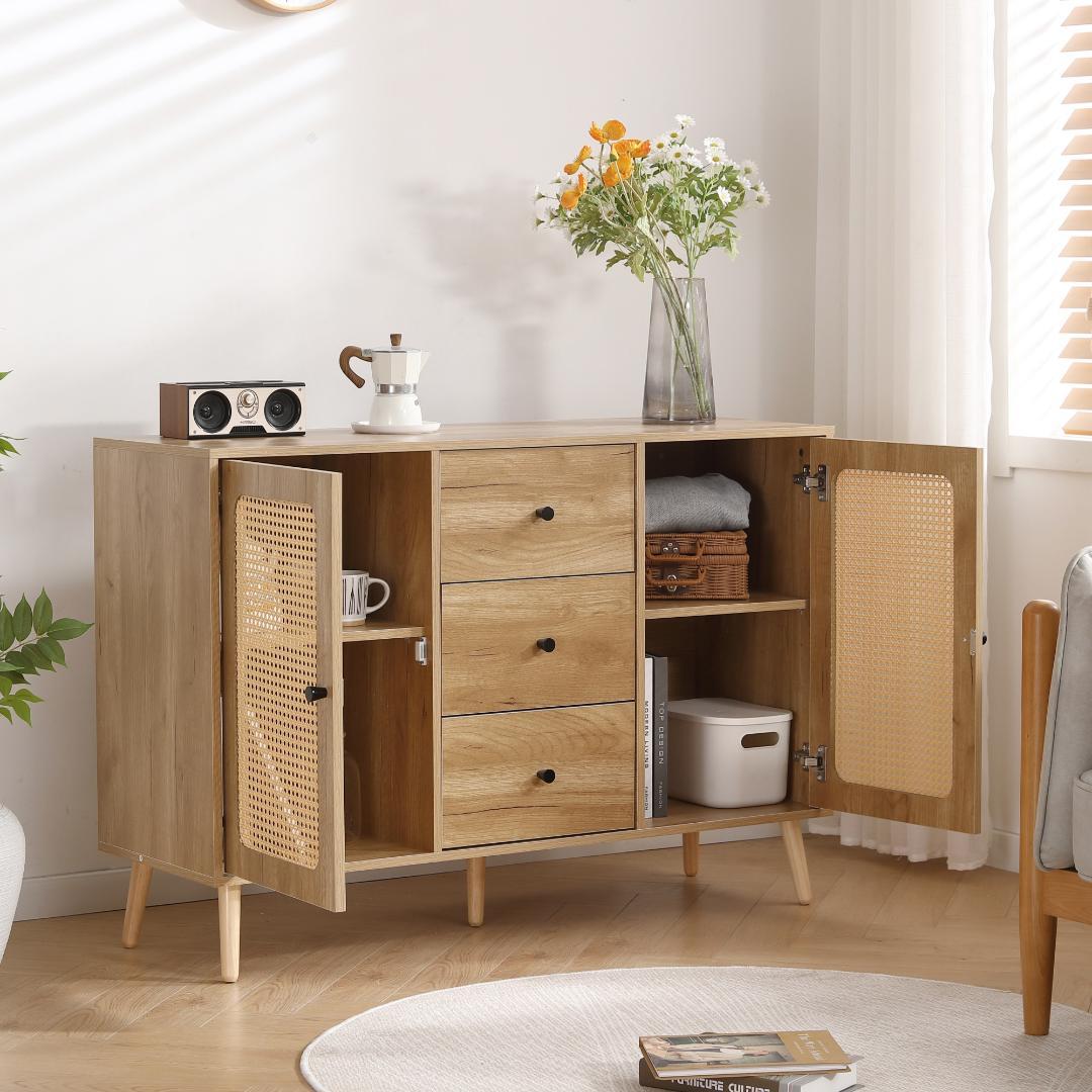 リビングボード タンス 収納 箪笥 おしゃれ キャビネット　ラタン風 引き出し付