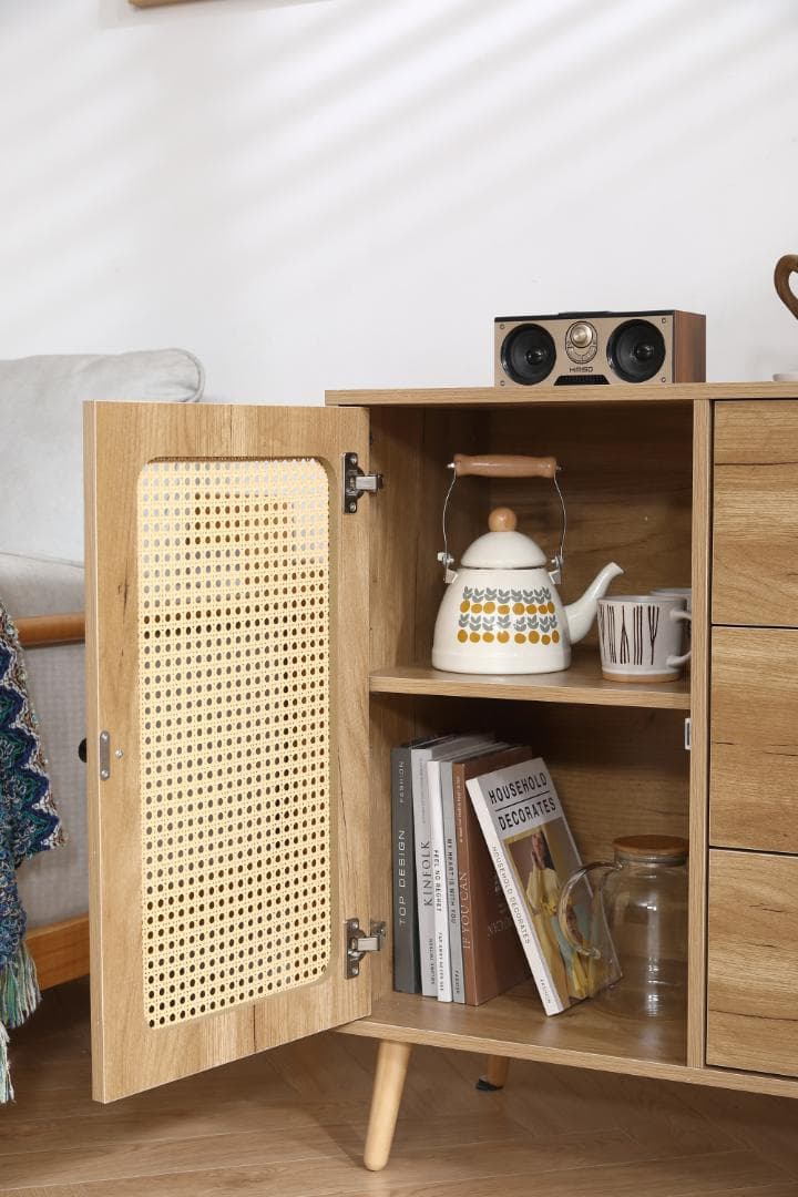 リビングボード タンス 収納 箪笥 おしゃれ キャビネット　ラタン風 引き出し付