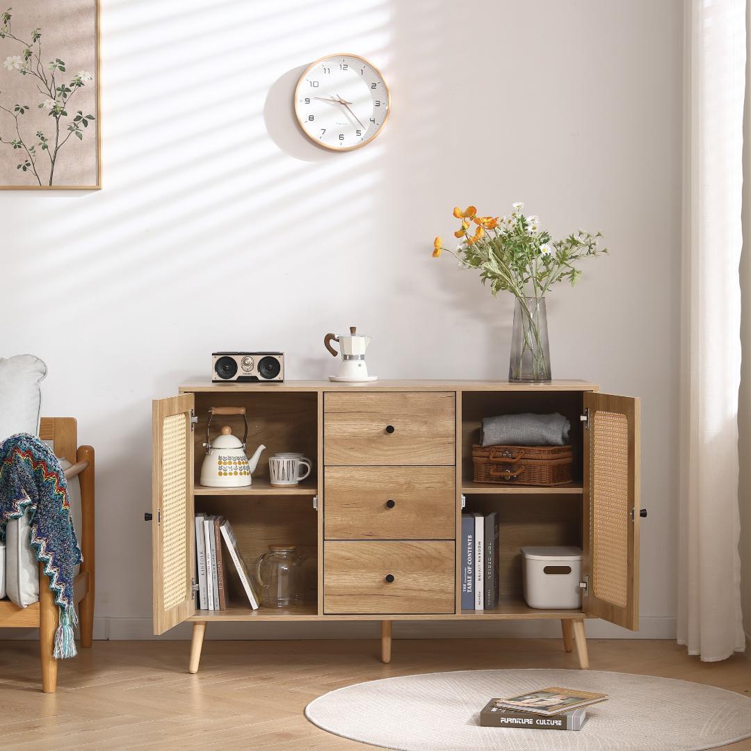 リビングボード タンス 収納 箪笥 おしゃれ キャビネット　ラタン風 引き出し付