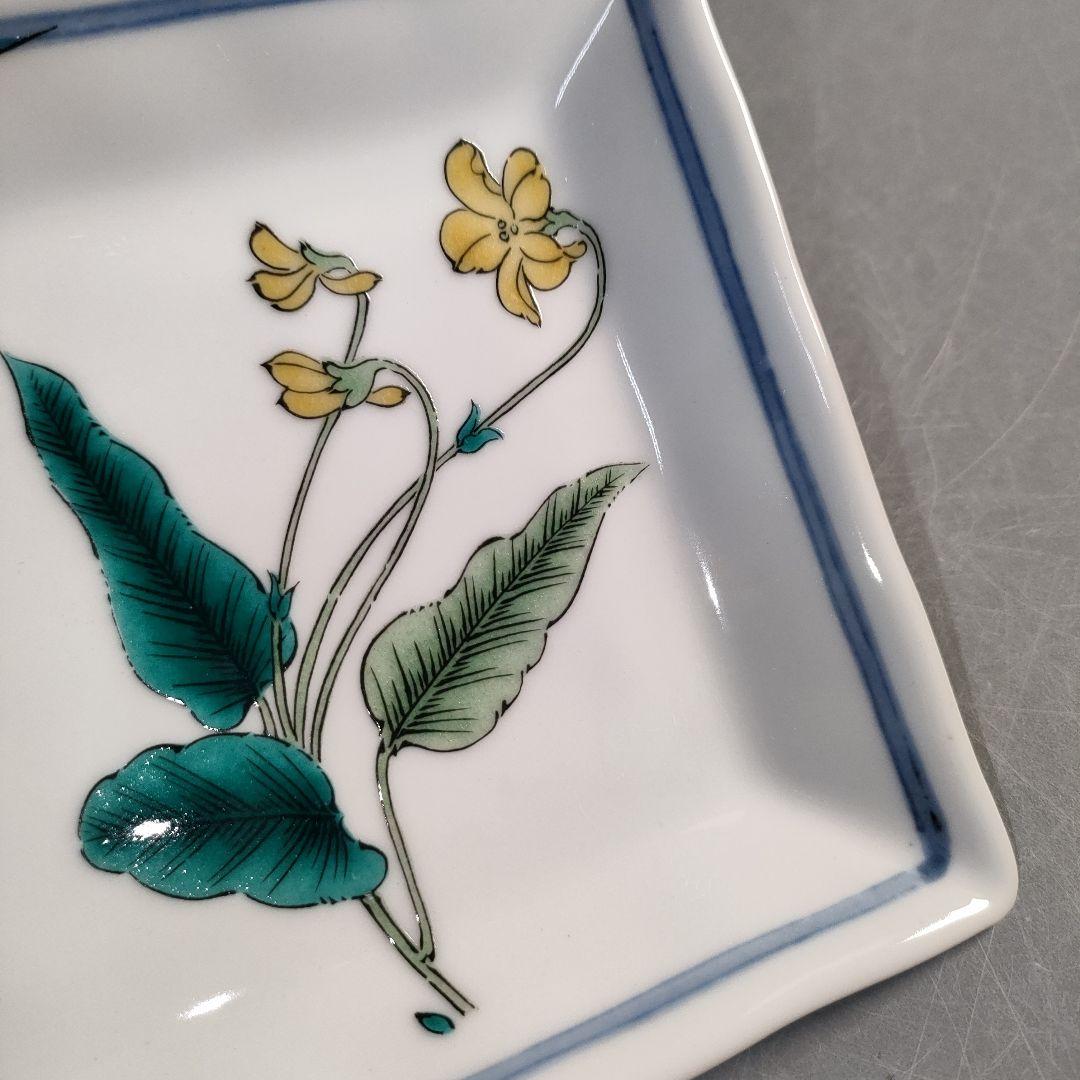 A1296-4/九谷焼/陶全 造/色絵花草文絵替皿揃5客/共箱/角皿/懐石道具/