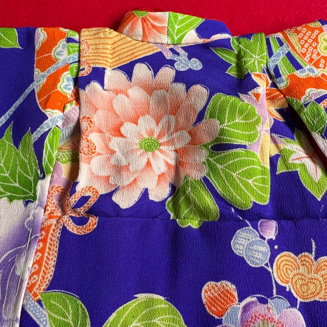 市松人形 12号(42cm)サイズの着物　比翼仕立て　紺青　花御所車