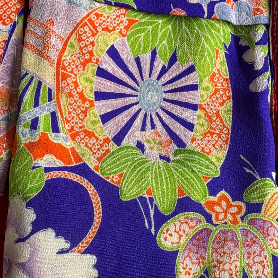 市松人形 12号(42cm)サイズの着物　比翼仕立て　紺青　花御所車