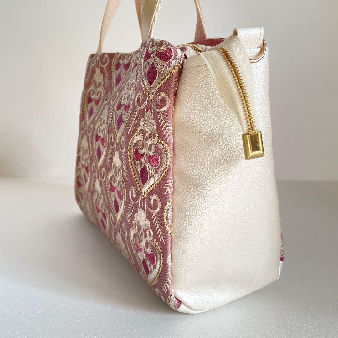 コアラ　インド刺繍ハート柄ピンクと合皮　3roomsトートバッグMサイズ