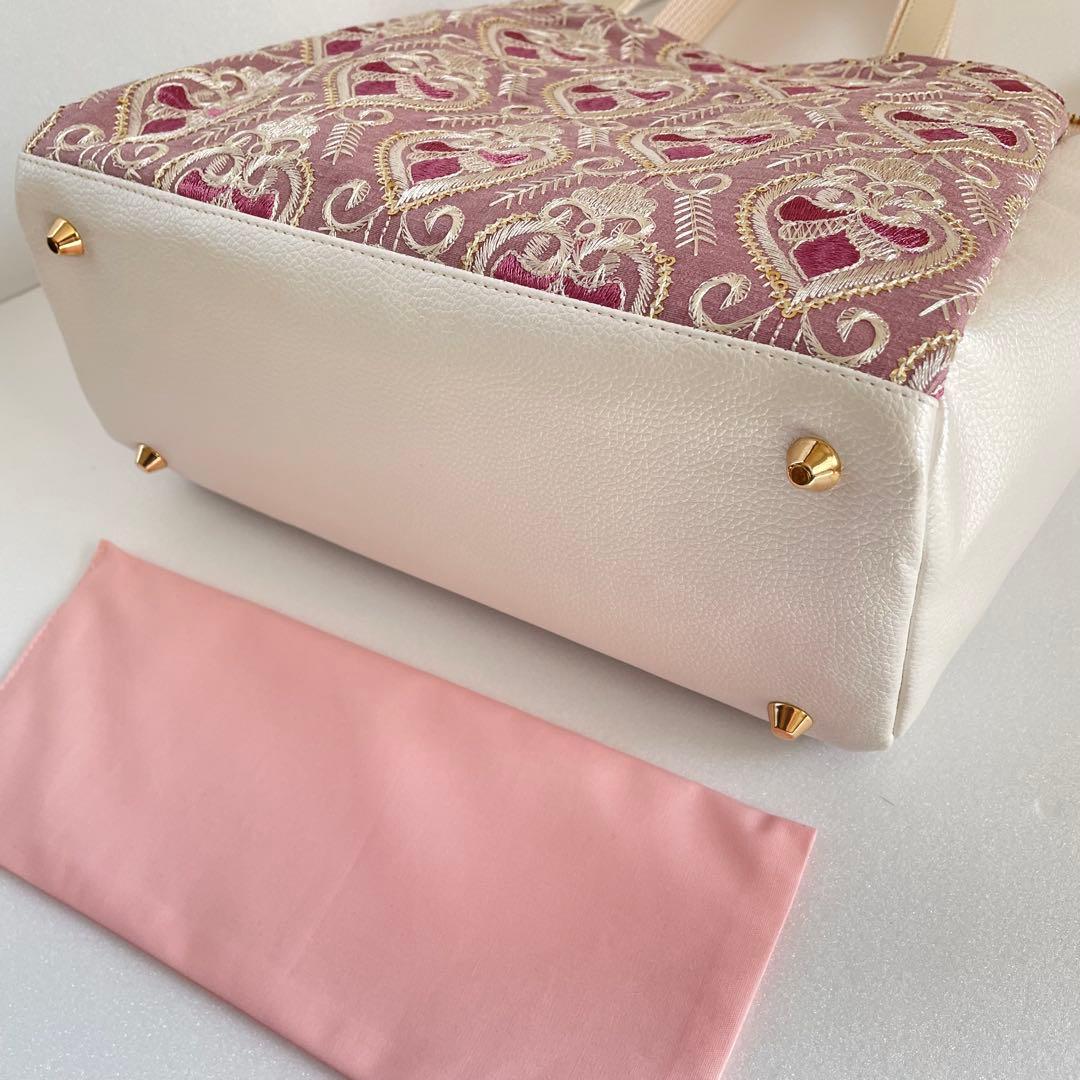 コアラ　インド刺繍ハート柄ピンクと合皮　3roomsトートバッグMサイズ
