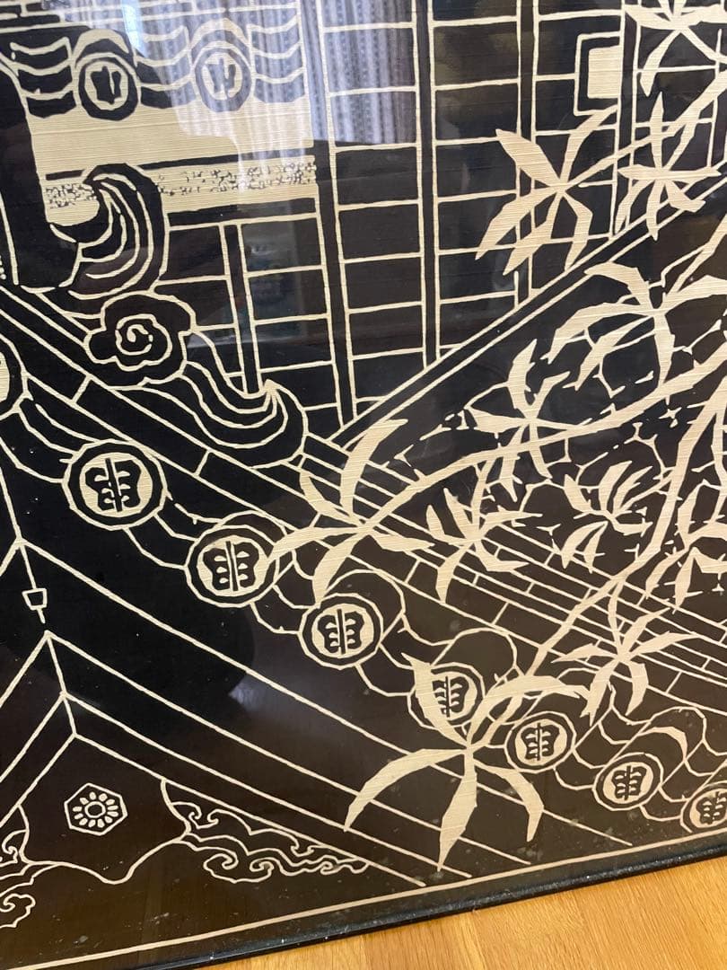 版画風呂敷額入　寺司勝次郎　屋根の版画家　風呂敷　額入り