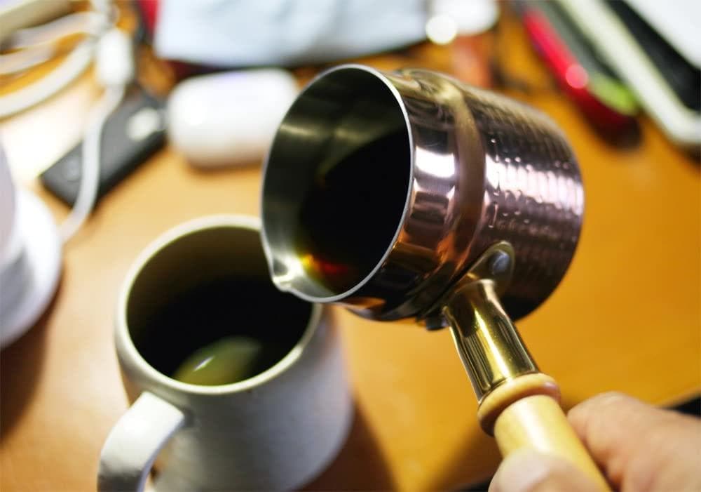 ステンレス製ソースパン、IH対応、400ml、目盛付き、アンティークゴールド色、