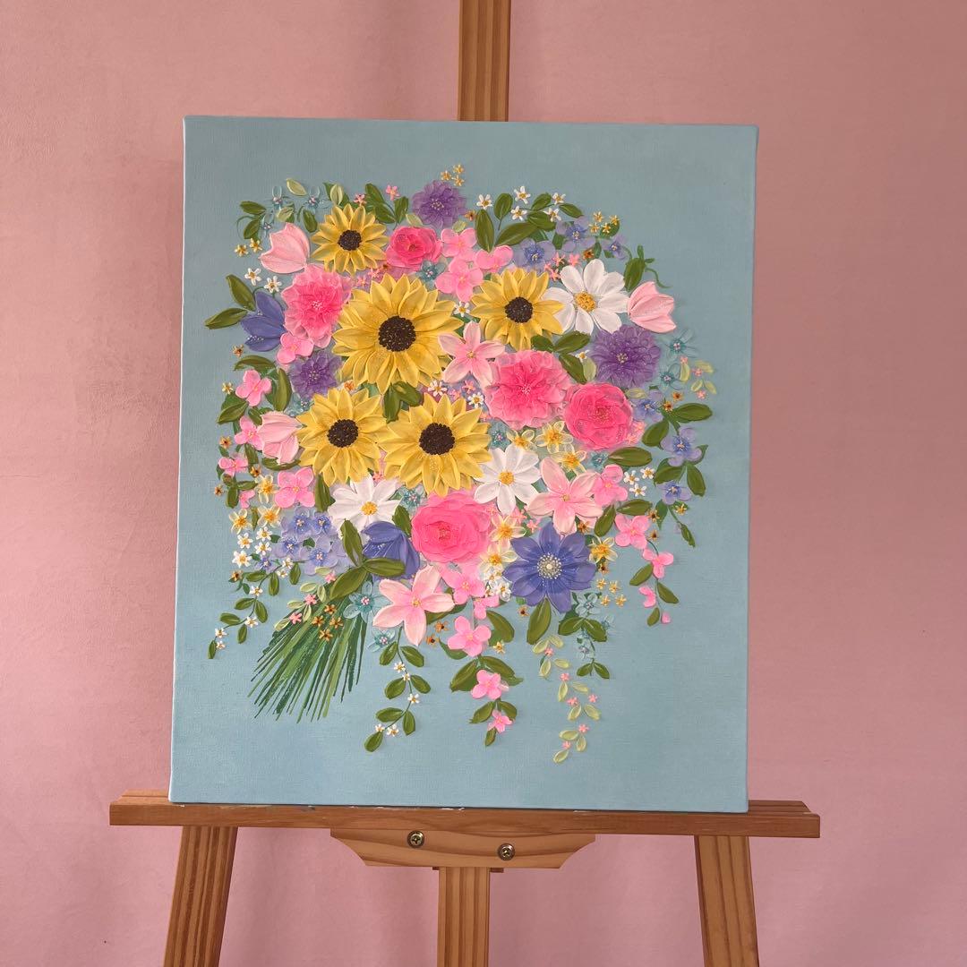 ひまわり 花束 アクリル画 F8 原画 テクスチャーアート インテリア 壁掛け