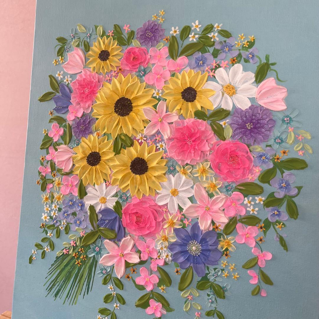 ひまわり 花束 アクリル画 F8 原画 テクスチャーアート インテリア 壁掛け