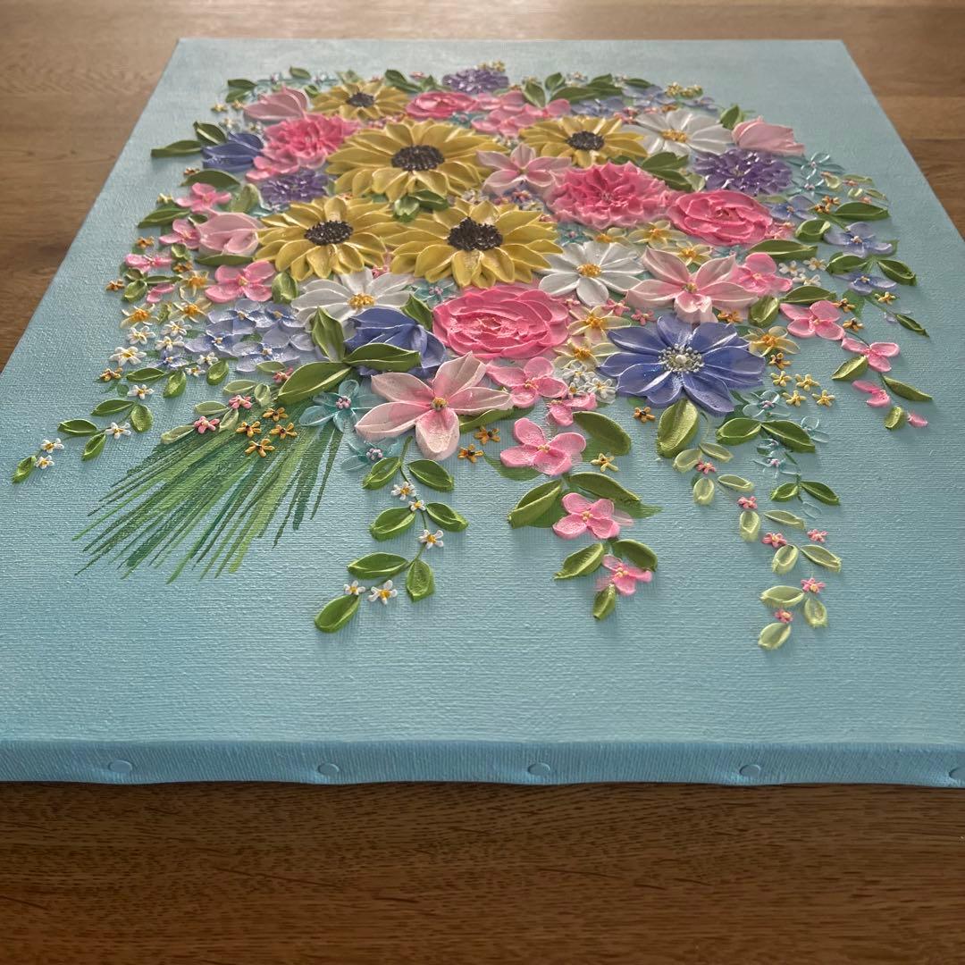 ひまわり 花束 アクリル画 F8 原画 テクスチャーアート インテリア 壁掛け