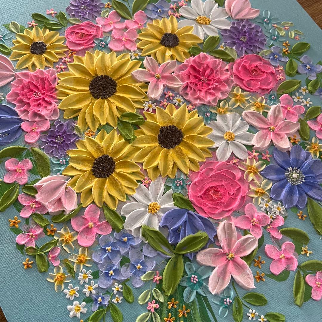 ひまわり 花束 アクリル画 F8 原画 テクスチャーアート インテリア 壁掛け