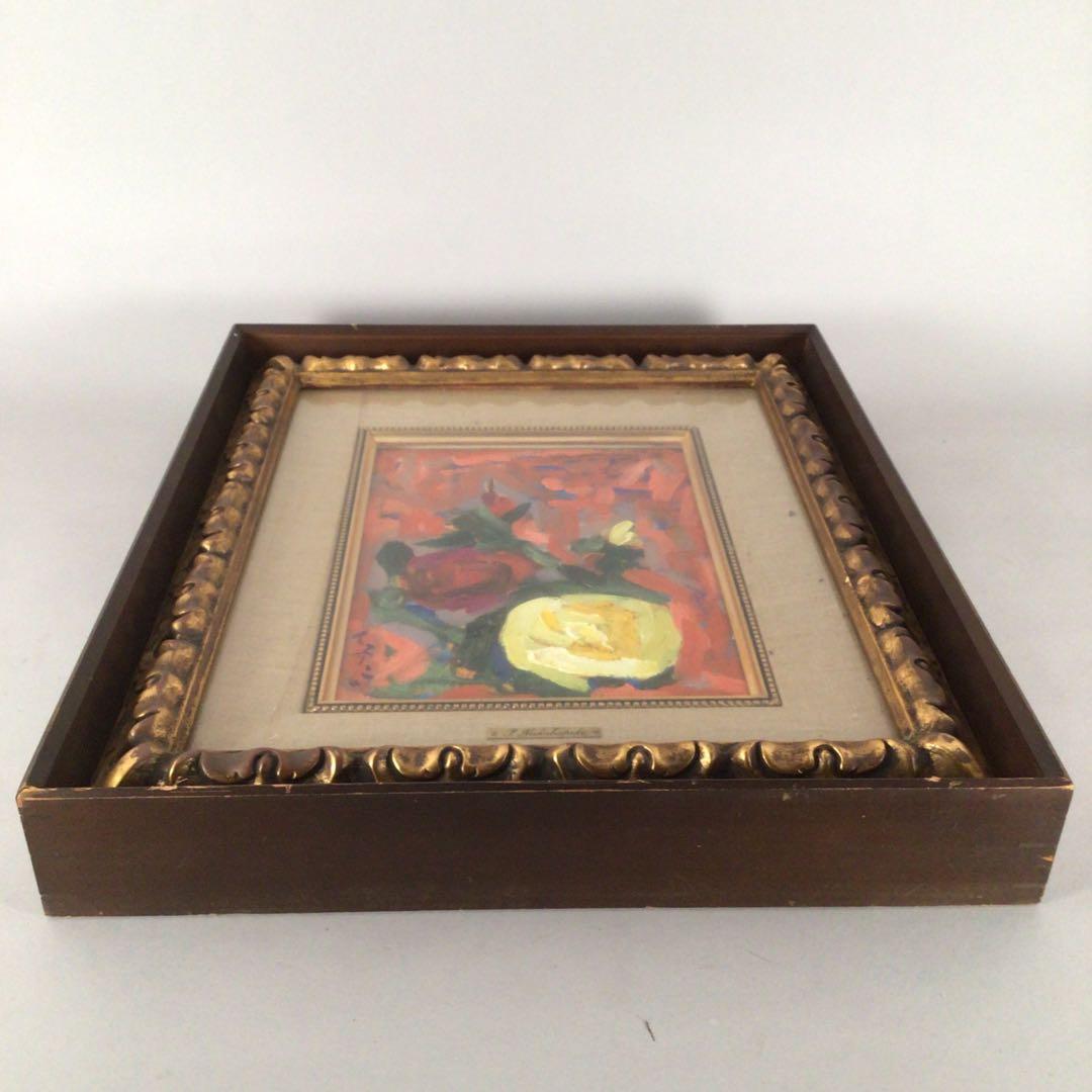 No3474 額装　中畠一宇　油彩画　「バラ」5号　直筆サイン　裏書有　送料無料