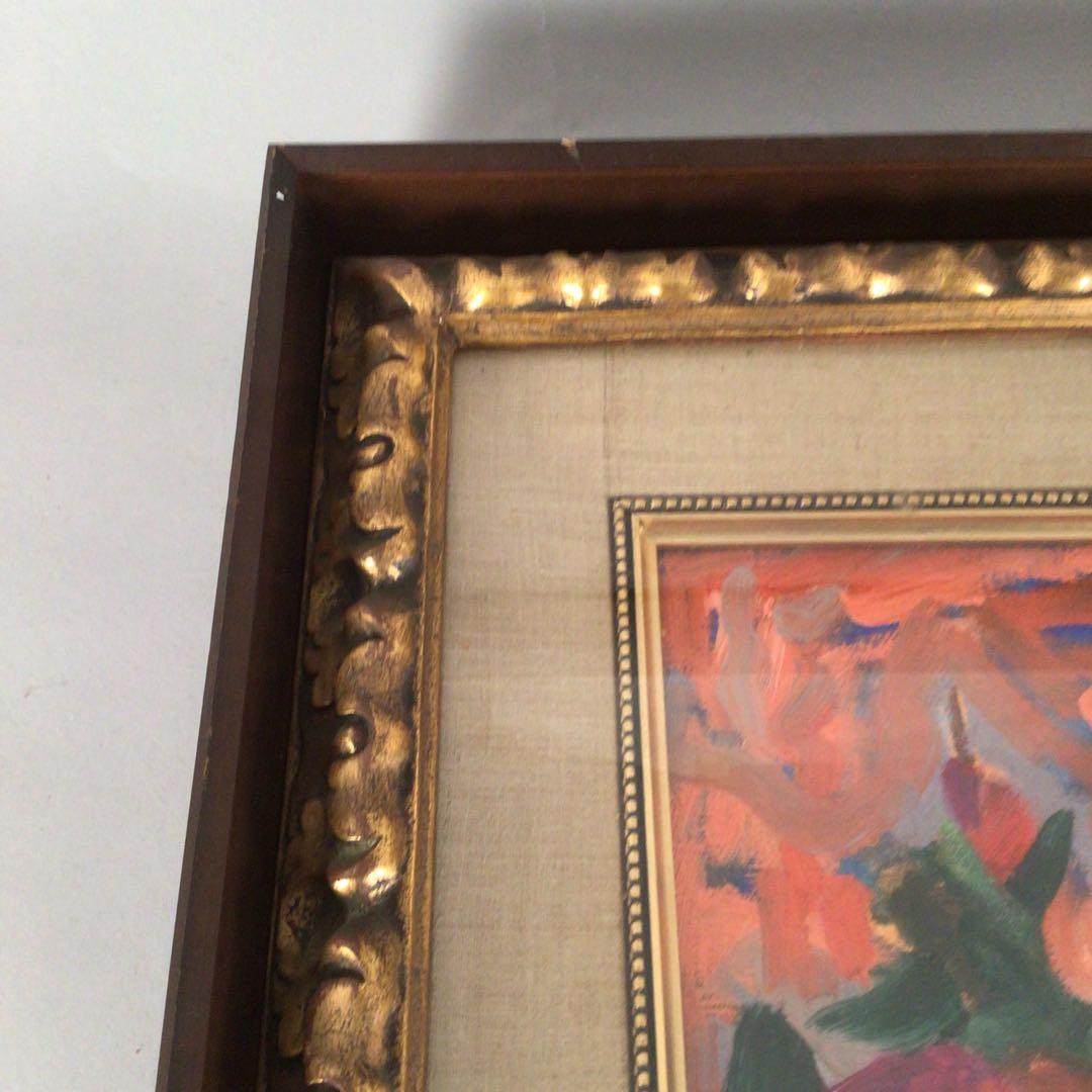 No3474 額装　中畠一宇　油彩画　「バラ」5号　直筆サイン　裏書有　送料無料