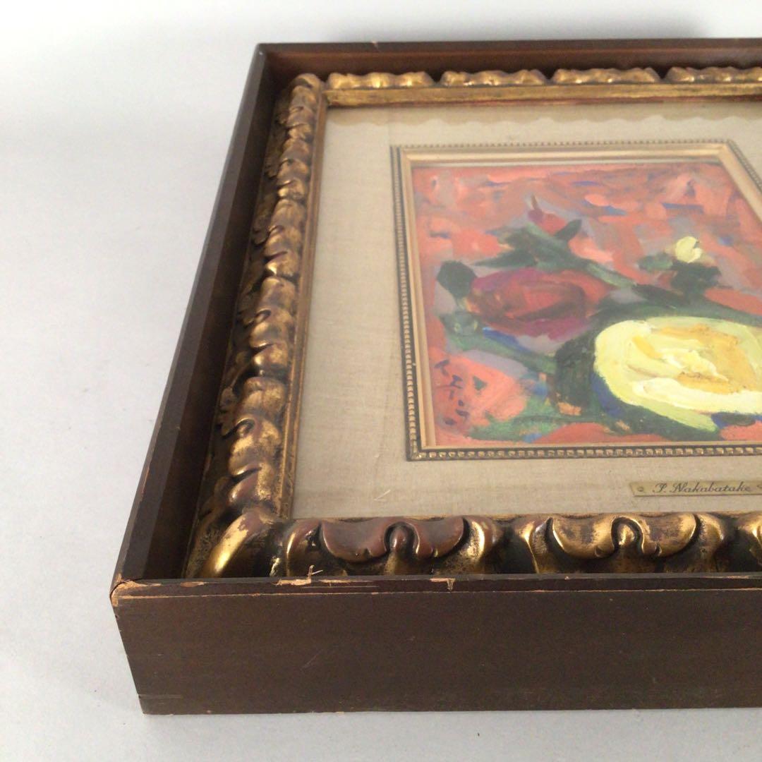 No3474 額装　中畠一宇　油彩画　「バラ」5号　直筆サイン　裏書有　送料無料