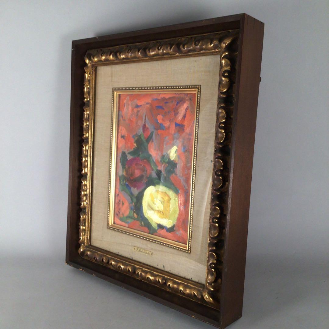 No3474 額装　中畠一宇　油彩画　「バラ」5号　直筆サイン　裏書有　送料無料