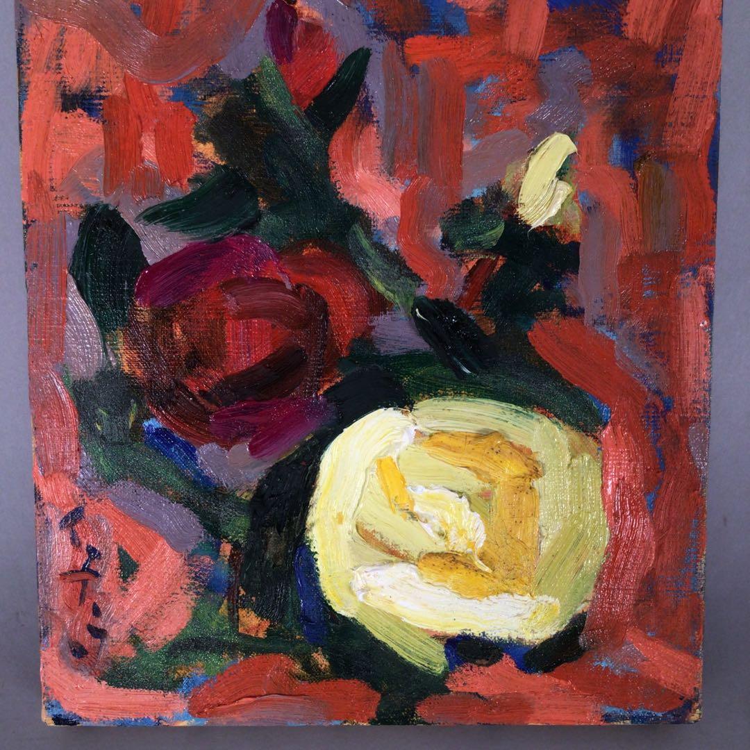 No3474 額装　中畠一宇　油彩画　「バラ」5号　直筆サイン　裏書有　送料無料