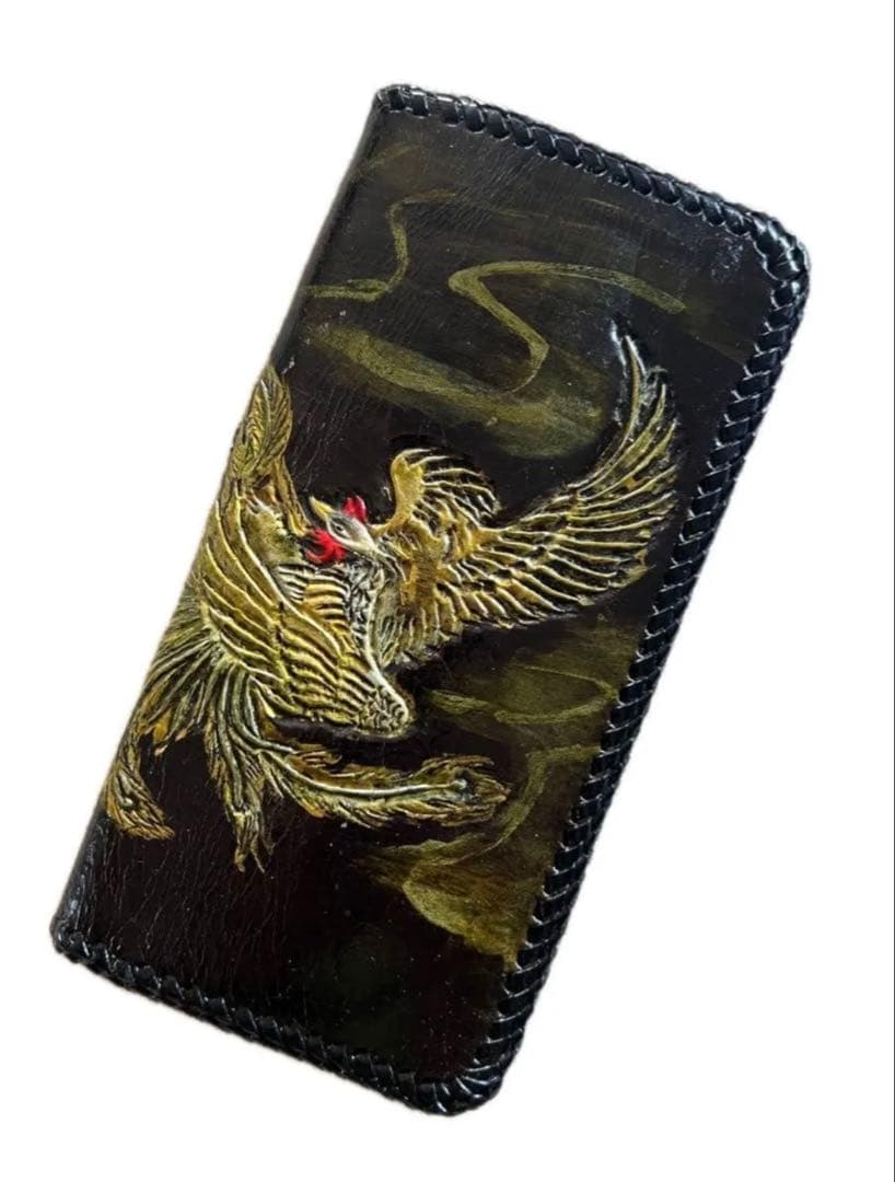 本革 長財布　ハンドメイド レザーカービング　バイカーズウォレット　黒