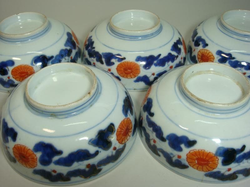 鉢■赤絵のなます皿 5客 窓絵花唐草 菓子器 ホツ有り 骨董品 古美術■