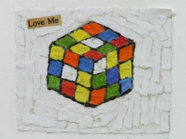 現代アート 　森邦保　直筆サイン『キューブ』アクリル絵具＆コラージュ 0207D