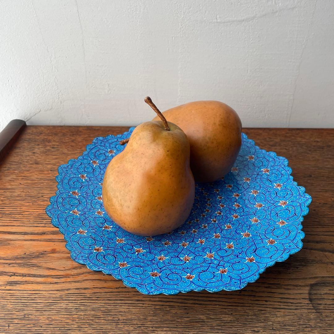 イラン　細密画　ミーナカーリー　ブルー　大皿　飾り皿　ハンドペイント　手描き