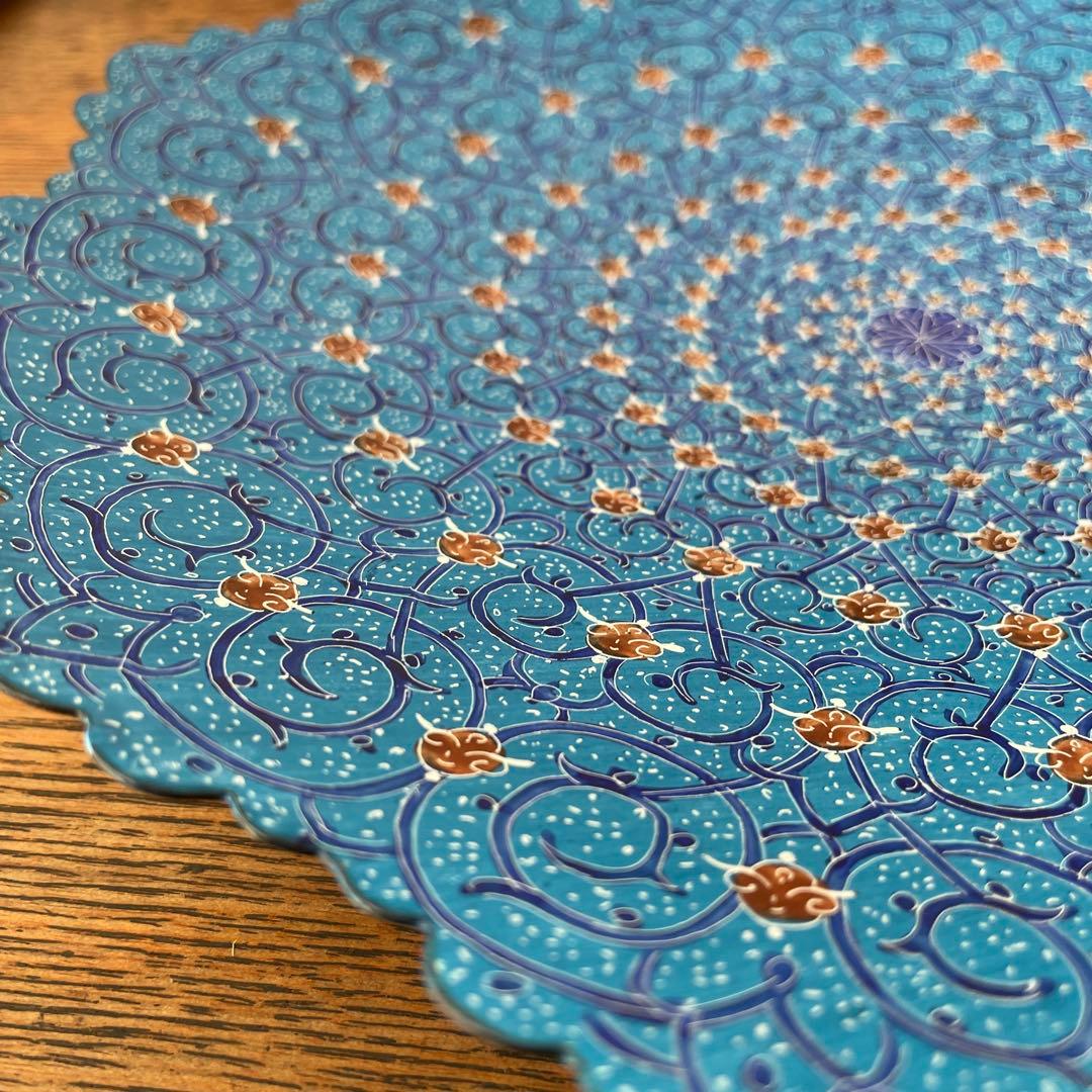 イラン　細密画　ミーナカーリー　ブルー　大皿　飾り皿　ハンドペイント　手描き