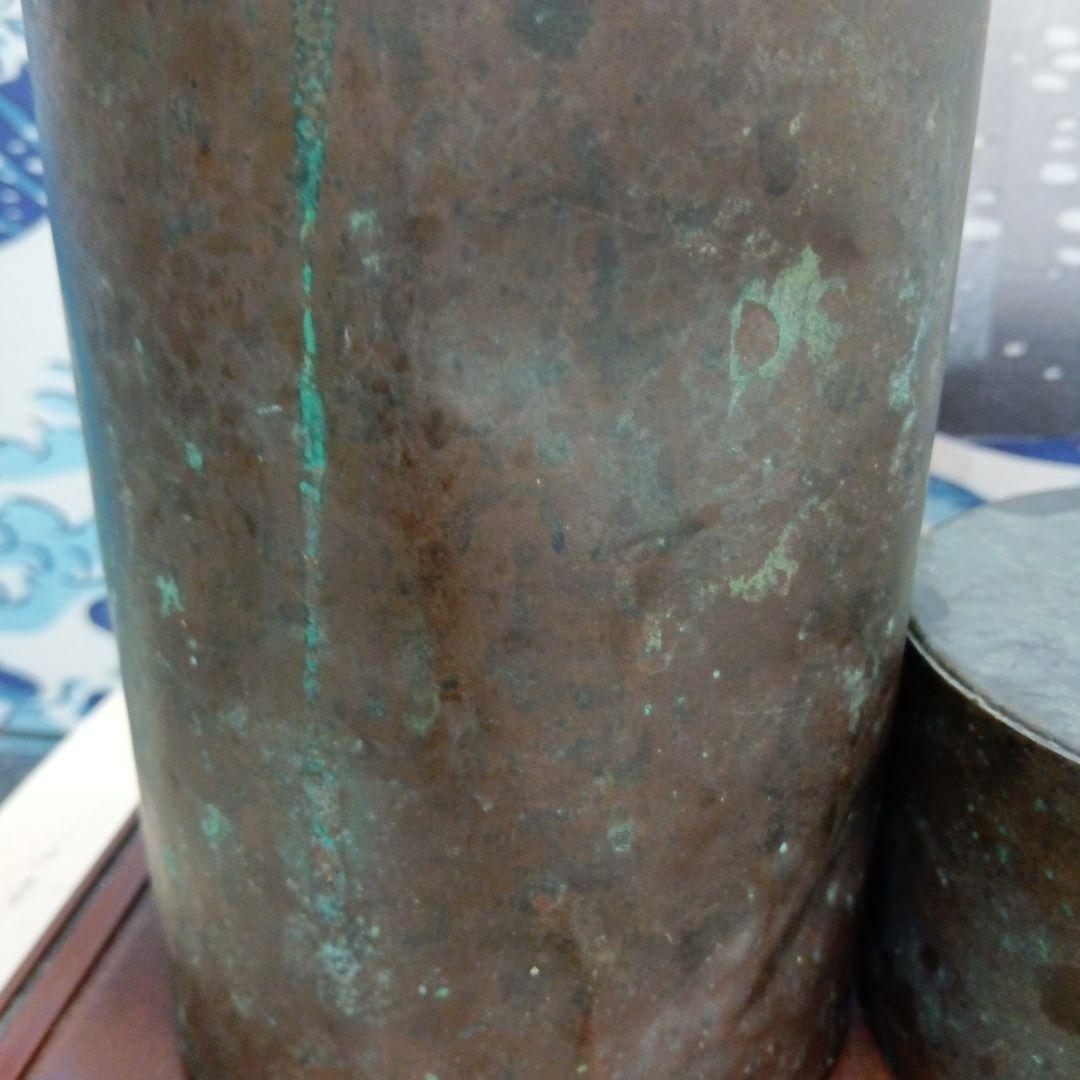江戸時代後期幕末頃〜明治時代前半期古銅製旧家蔵出茶筒高さ２３Ｘ直経１１センチ品物