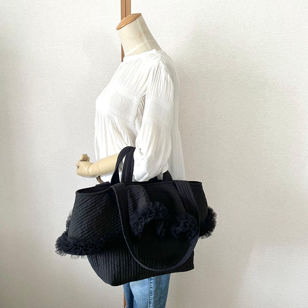 チュールフリル付トートバッグ（L）2way ヌビバッグ ブラック ハンドメイド