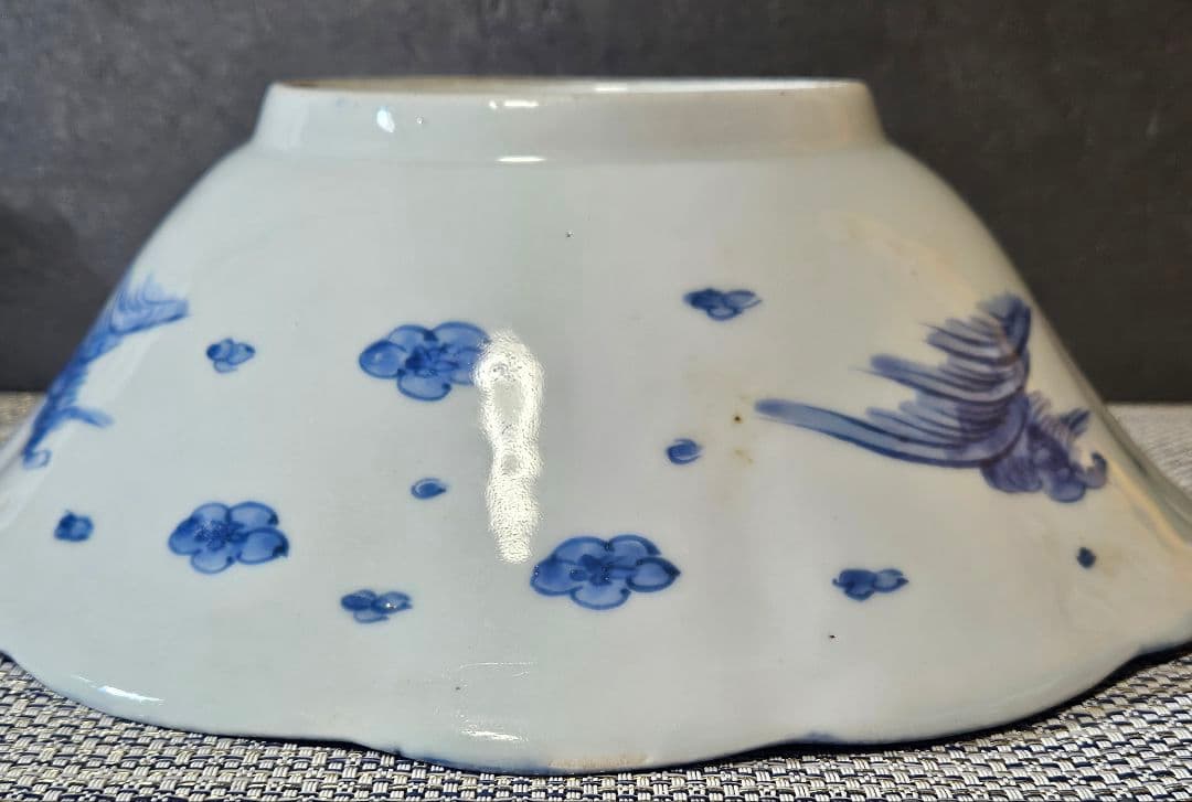 江戸時代後期　古伊万里　染付　鶴に小鳥に 松竹の図　27.8cm　大鉢　盛り器