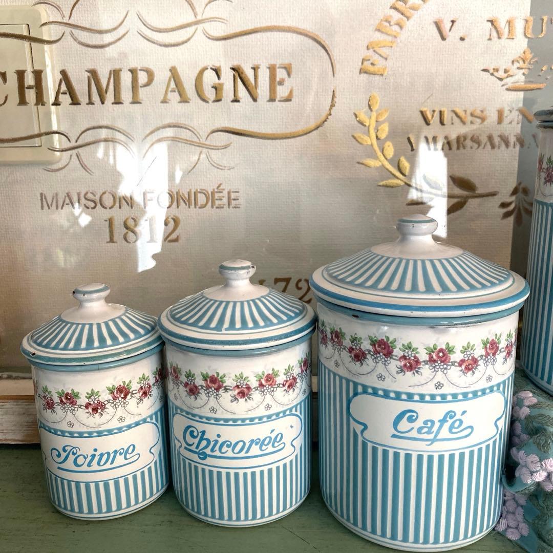 フランスアンティーク ホーロー キャニスター ローズバンド