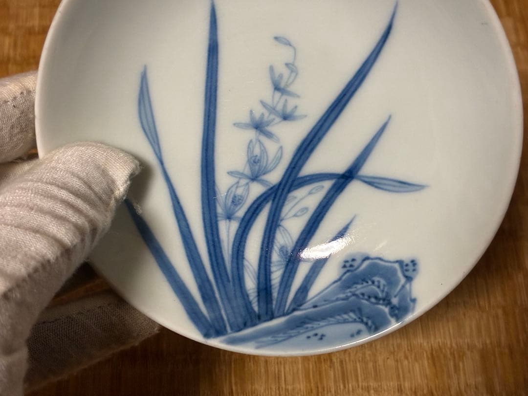 鍋島焼 有田焼 染付 草花紋 高台皿 時代物 三枚揃い まとめて