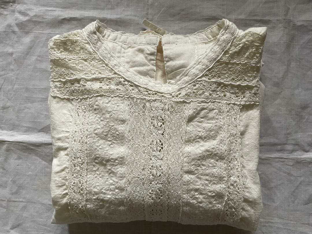 未使用品フレンチ袖レース綿麻エプロンドレス白色