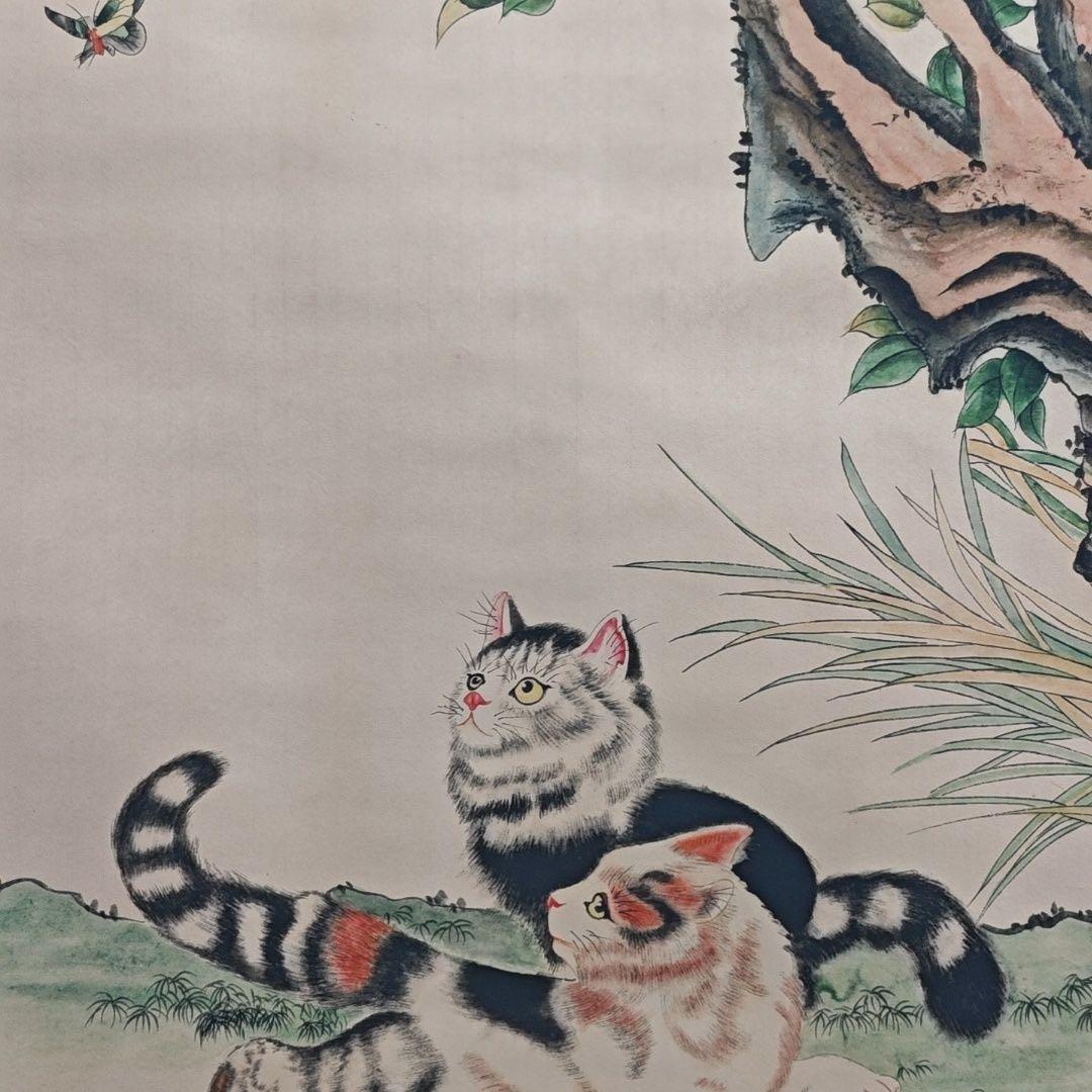 中国掛軸 劉奎齢 双猫図 猫 蝶 花鳥画 四尺中堂 掛け軸 中国美術