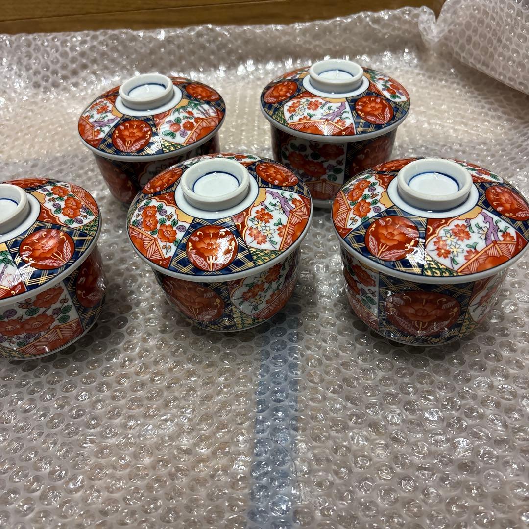 有田焼　南風窯 蒸し碗揃　5客　茶碗蒸し　色絵　青海波　古伊万里　赤絵　染錦