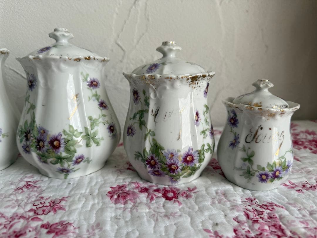 フランスアンティーク　陶器のキャニスター5個セット