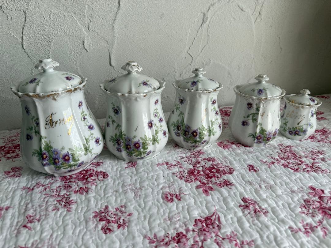 フランスアンティーク　陶器のキャニスター5個セット