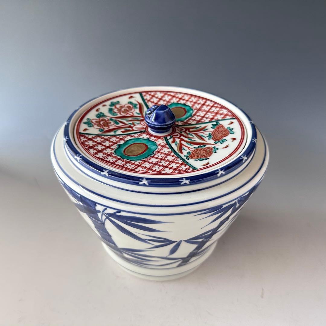 茶道具　染付　竹　水指　蓋赤絵　手塚桃峰　共箱　京焼　茶会　稽古　棚