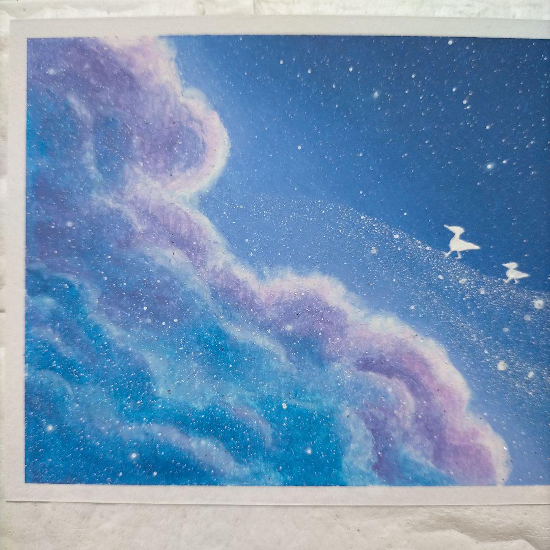カルガモ親子の星空散歩 オイルパステル画原画 ハガキサイズ 絵画 #110