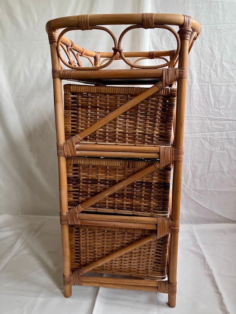 連休お値下げ✅国産ビンテージ✅ラタン引き出し３段ボックス/珍しい脱衣籠タイプ