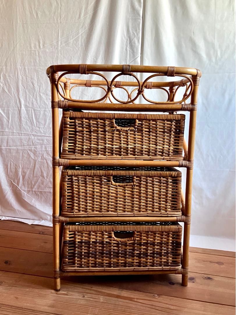 連休お値下げ✅国産ビンテージ✅ラタン引き出し３段ボックス/珍しい脱衣籠タイプ