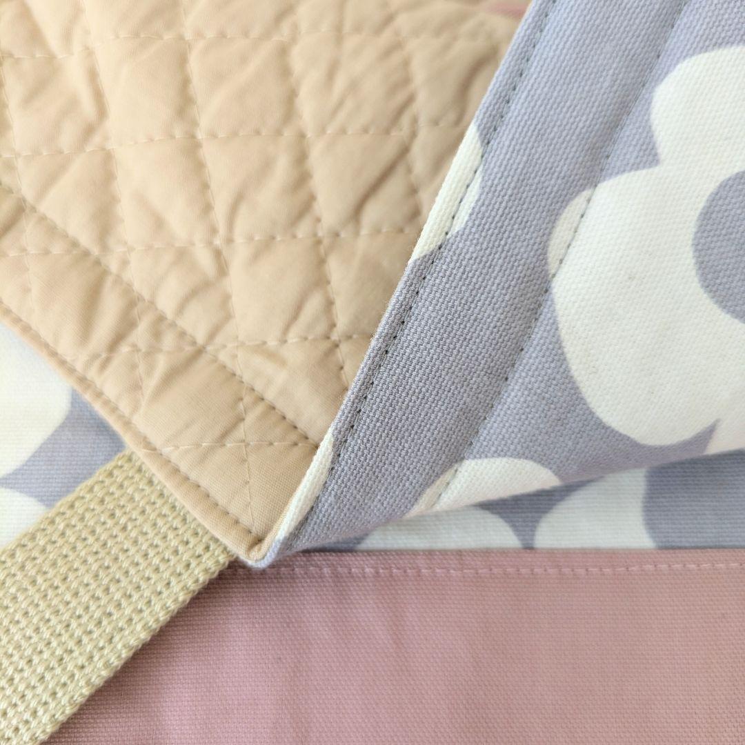 裏地キルティング大きめレッスンバッグ、上履き袋、体操着袋2点　大花柄×ピンク