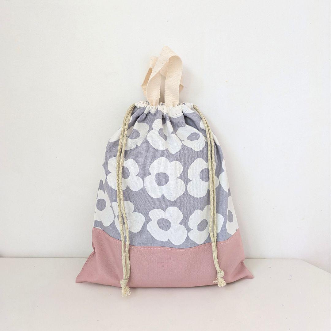 裏地キルティング大きめレッスンバッグ、上履き袋、体操着袋2点　大花柄×ピンク