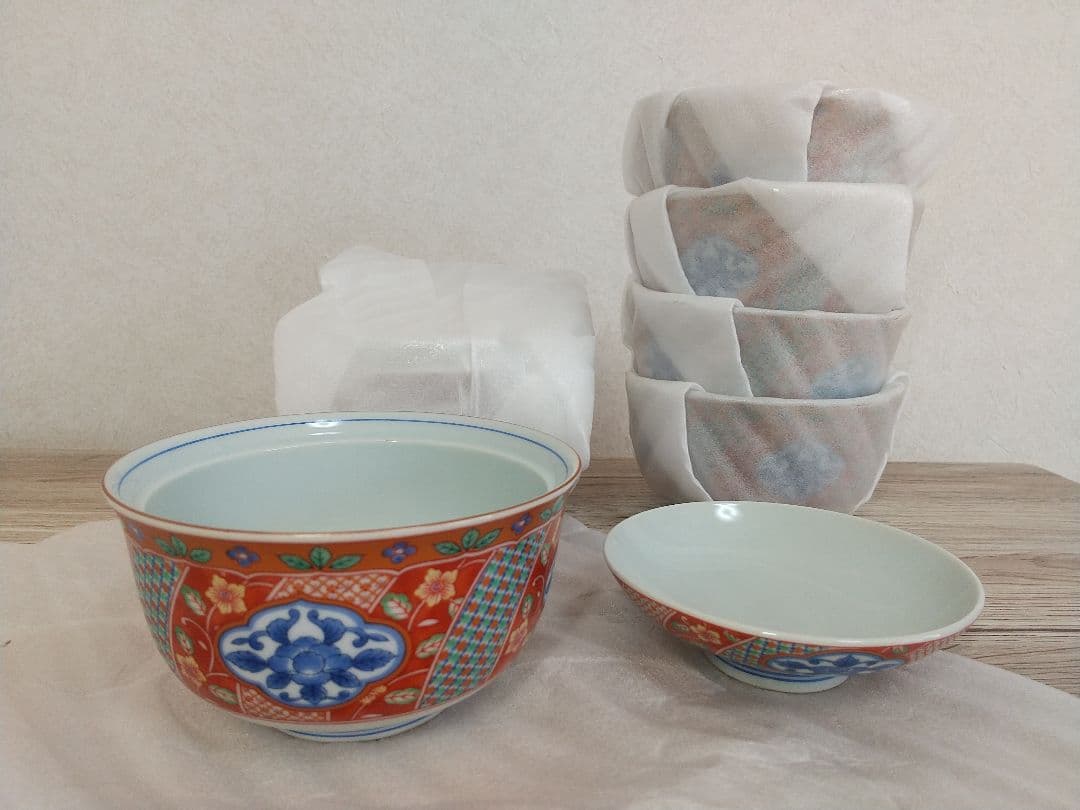 【新品】前畑陶器 庫山窯 赤彩木甲紋 御碗揃 蓋付 5客 小丼碗 【廃盤品】