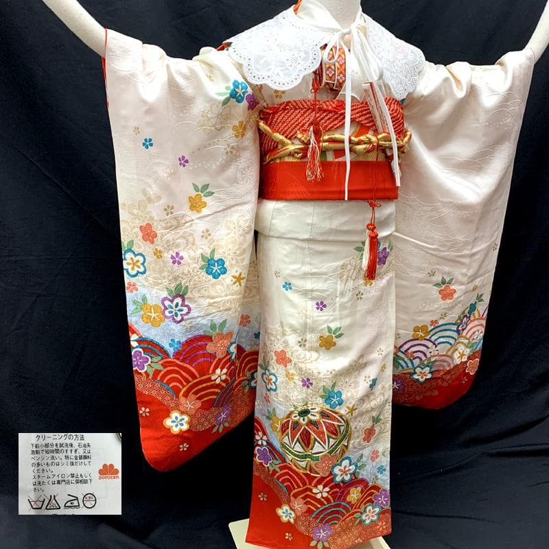 508ag70□七五三 七歳 女児 着物&袋帯&長襦袢 金彩 毬 白□状態良好