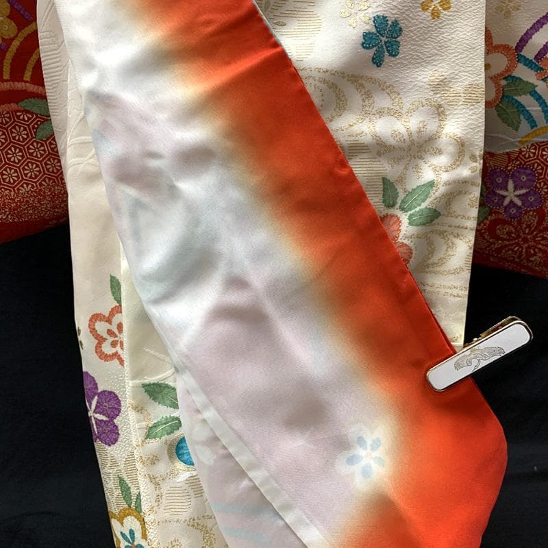 508ag70□七五三 七歳 女児 着物&袋帯&長襦袢 金彩 毬 白□状態良好