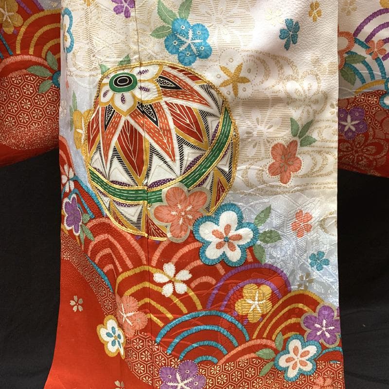 508ag70□七五三 七歳 女児 着物&袋帯&長襦袢 金彩 毬 白□状態良好