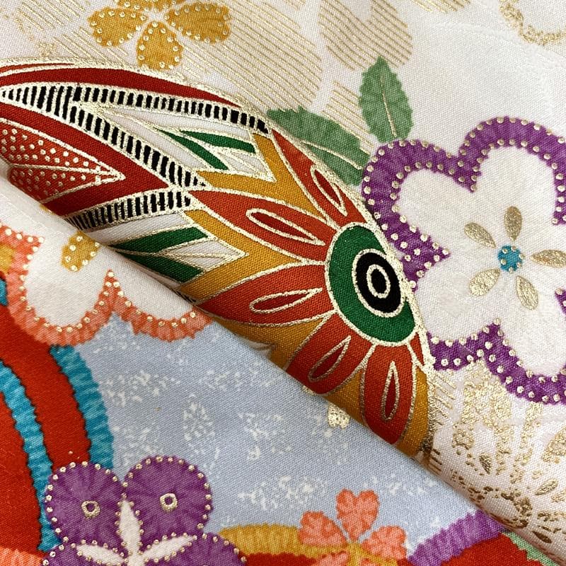 508ag70□七五三 七歳 女児 着物&袋帯&長襦袢 金彩 毬 白□状態良好